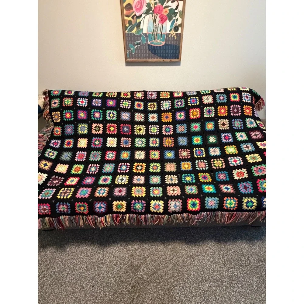 Granny Square Afghan Hand Crochet Multi-Color Black Throw Blanket 55